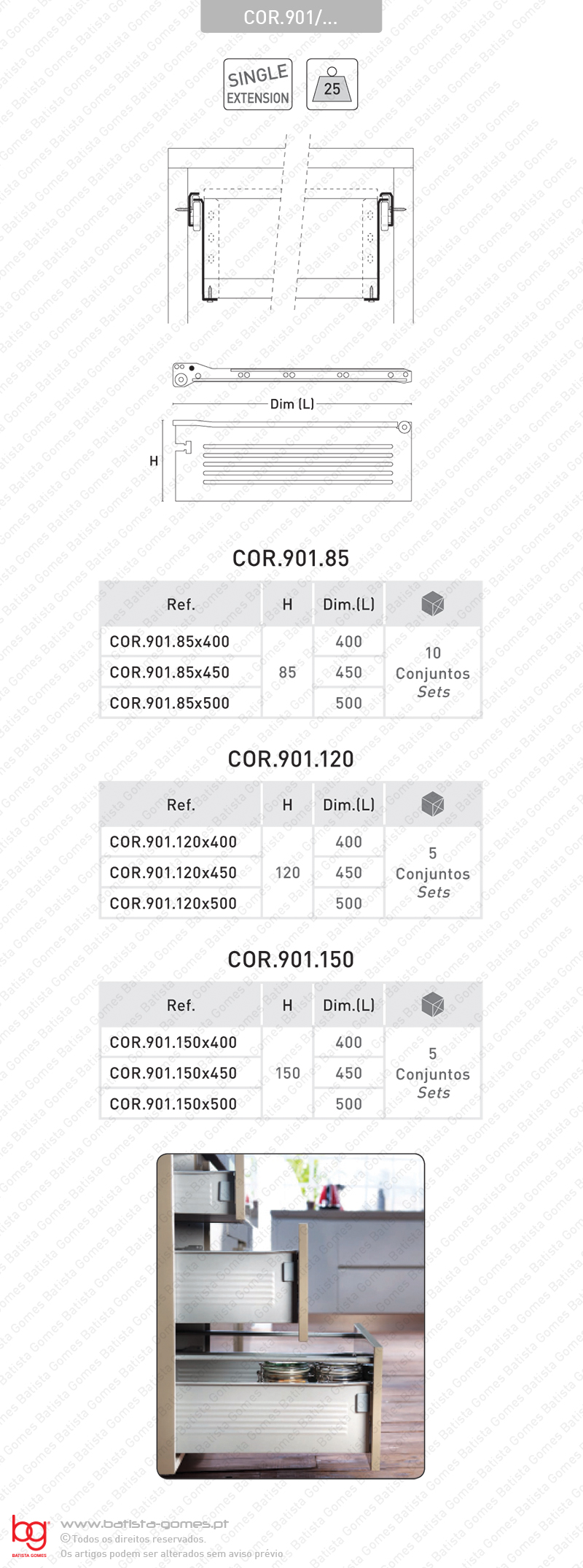 Corredi�as com laterais para gavetas SPM / Extra��o parcial / 25Kg